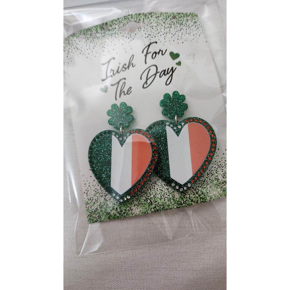 IRISH FOR THE DAY FOUR LEAF CLOVER & HEART RHINSTONE ST. PATRICK'S DAY EARRINGS